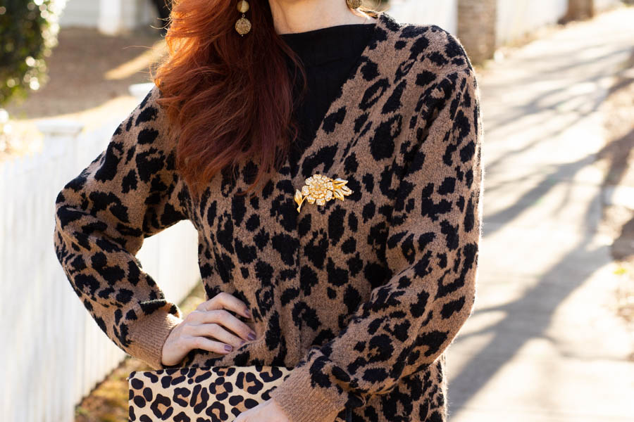 Leopard cardigan over knit dress