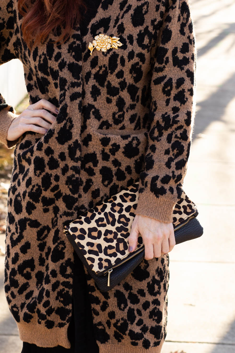Leopard cardigan over dress