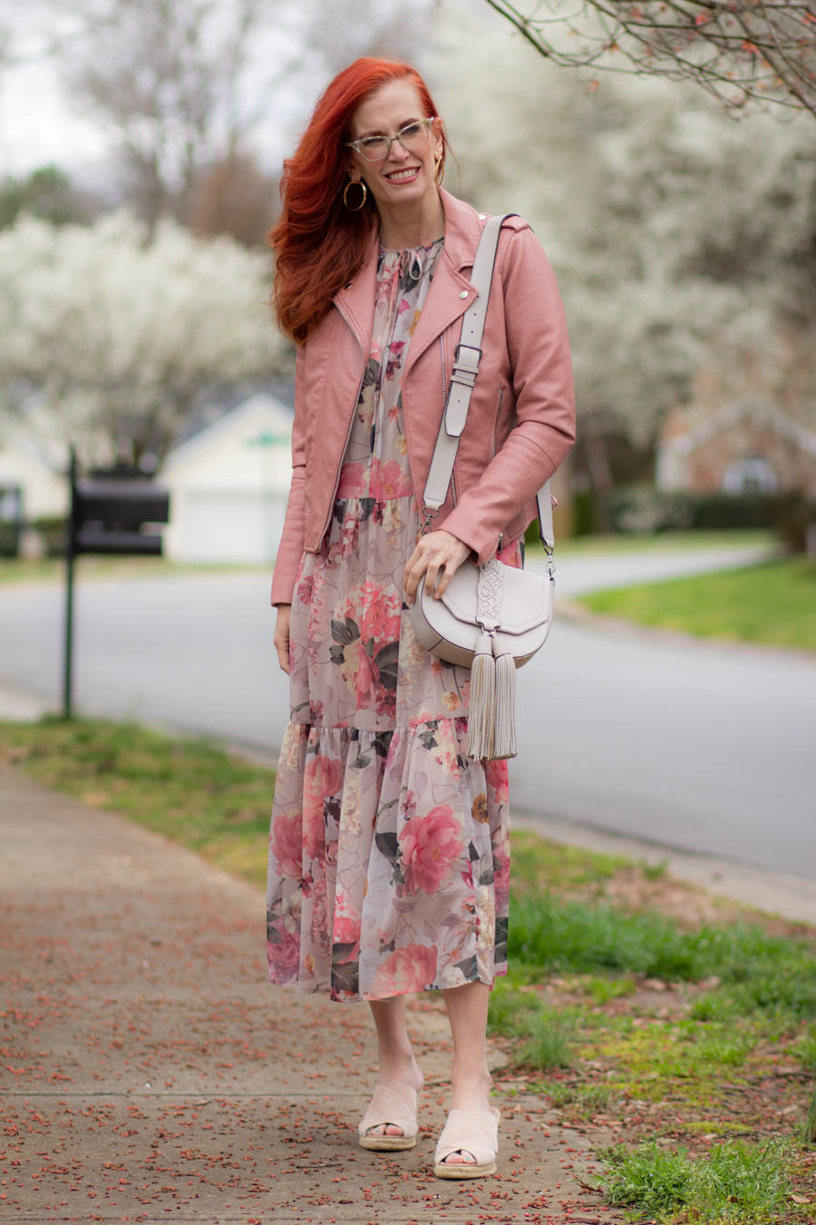 Pink floral midi dress with pink moto jacket