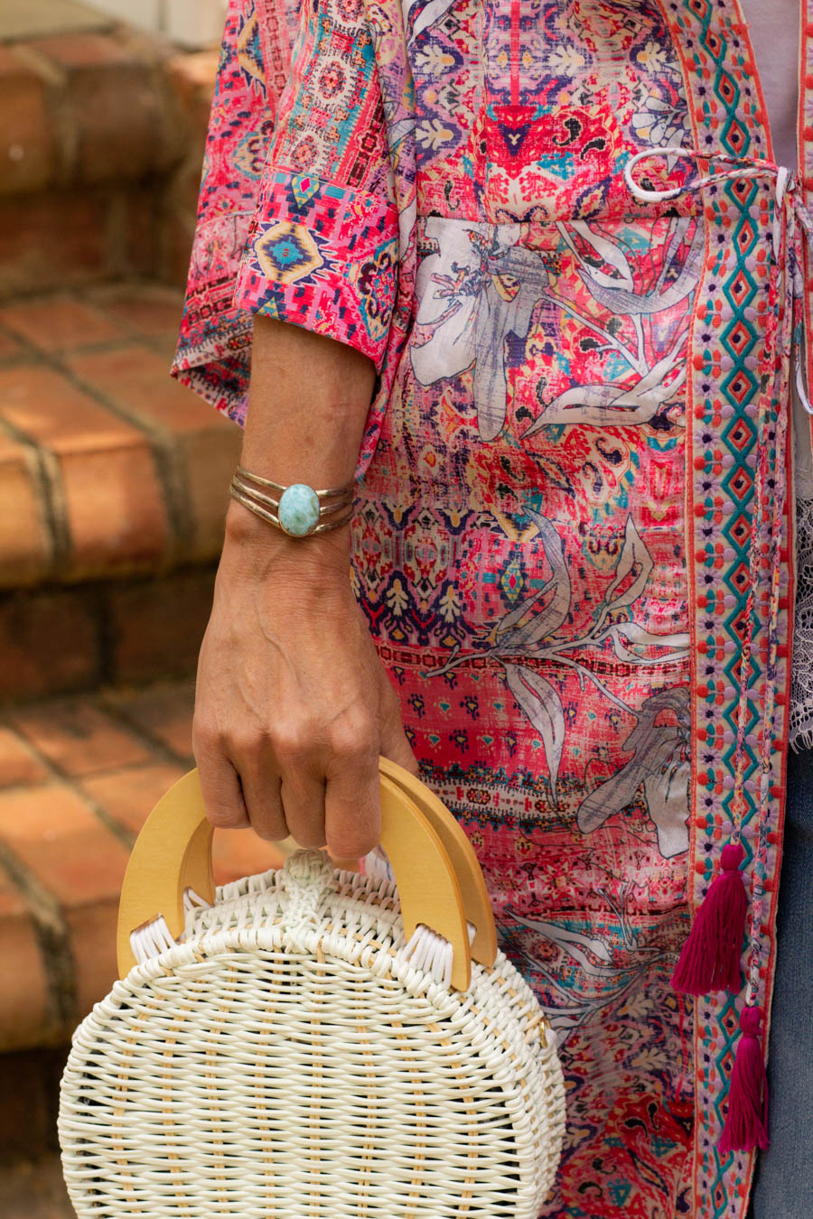 Kimono and straw bag