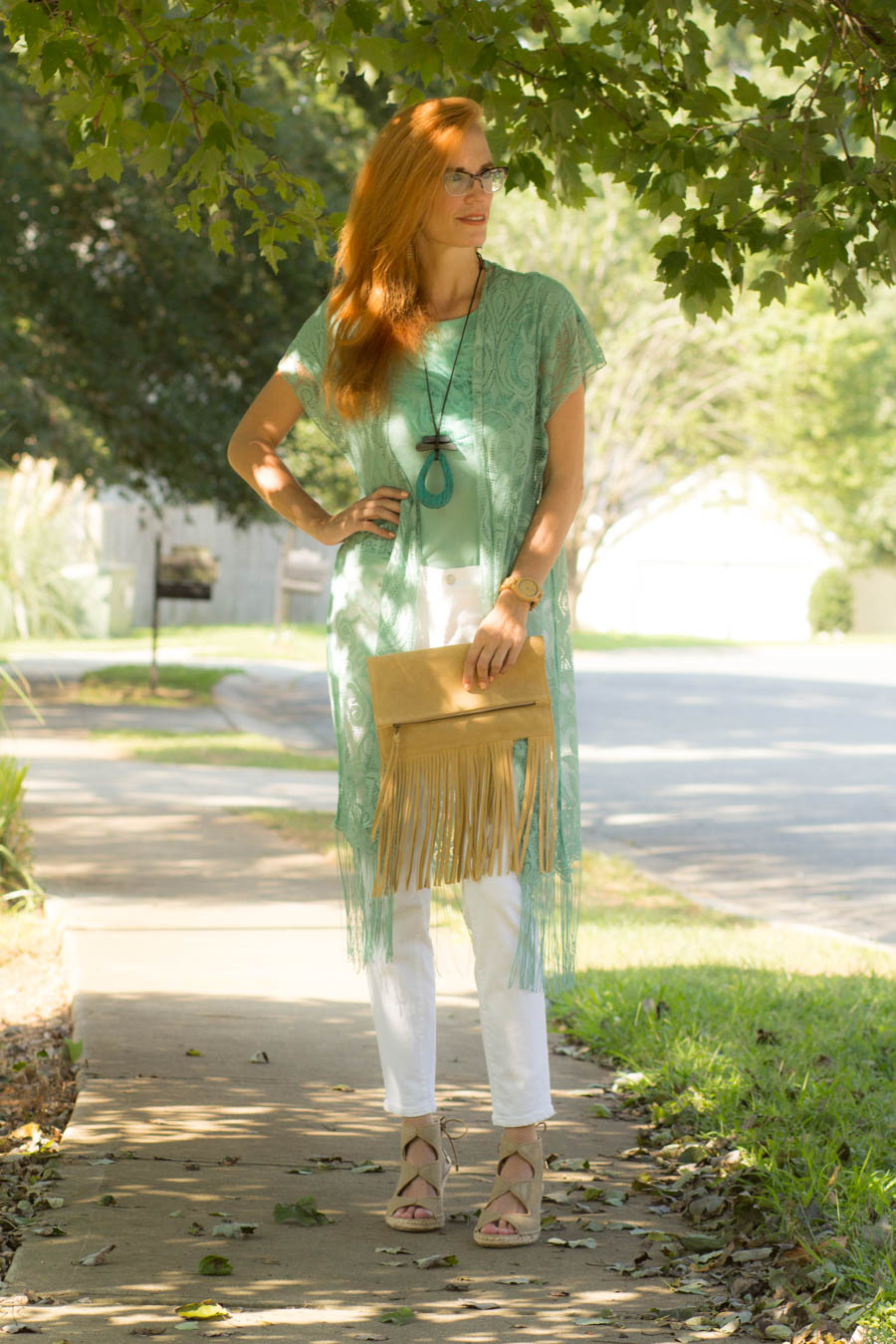 Mint lace kimono and white jeans