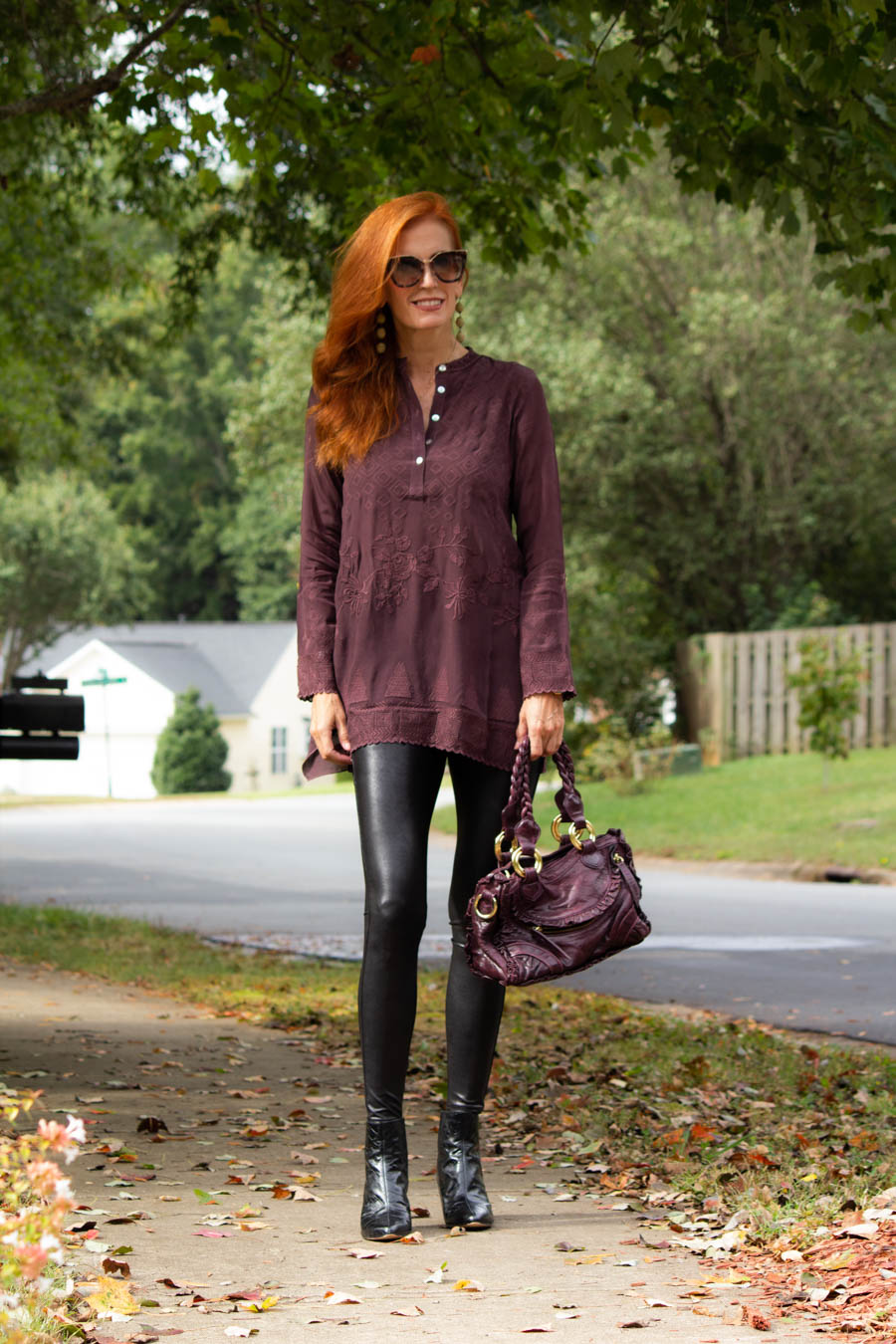 Caite and Kyla embroidered plum tunic with Spanx faux leather leggings