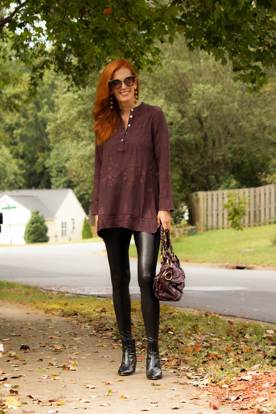 Caite and Kyla embroidered plum tunic with Spanx faux leather leggings