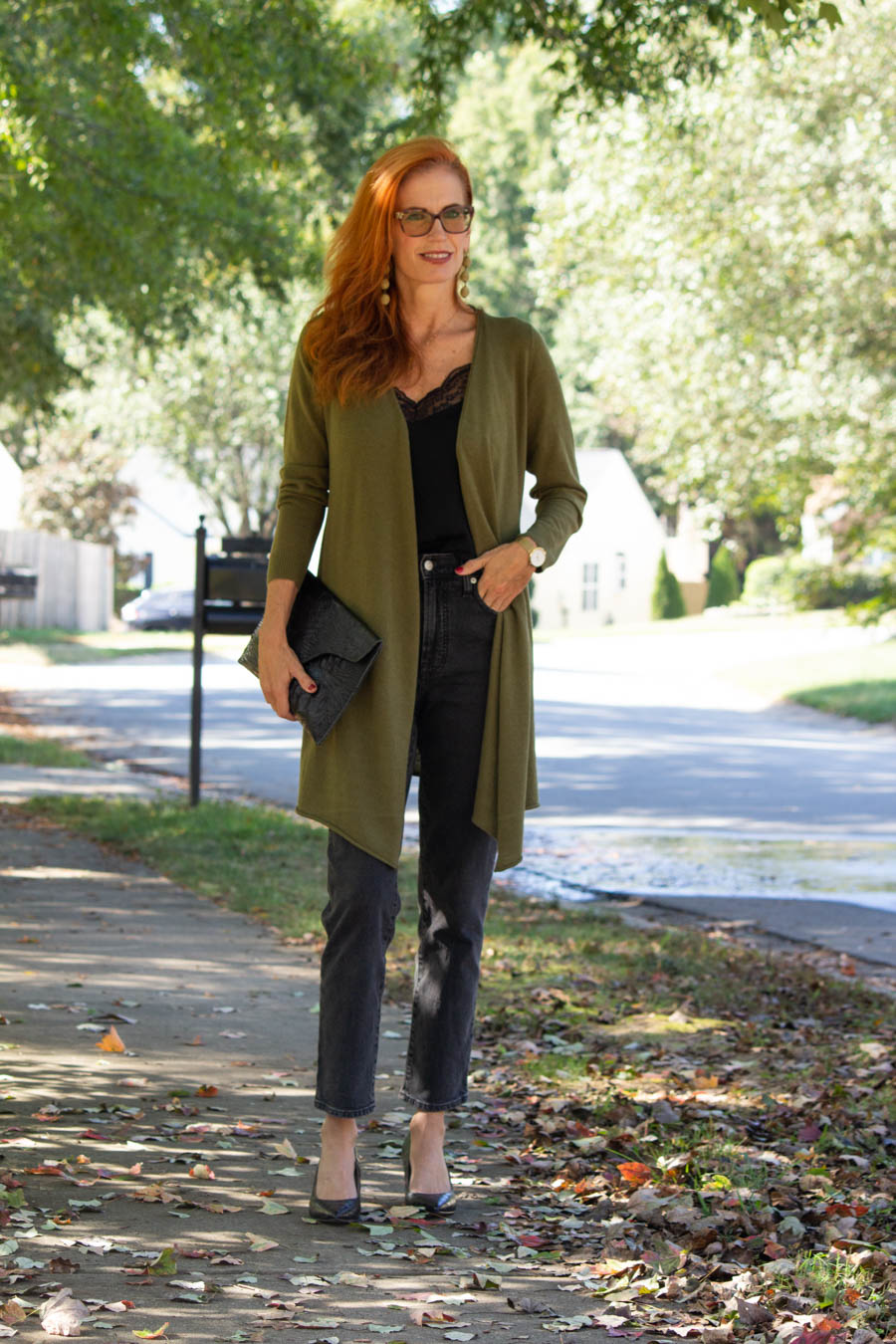 Soft Surroundings cashmere cardigan, cami and Madewell jeans