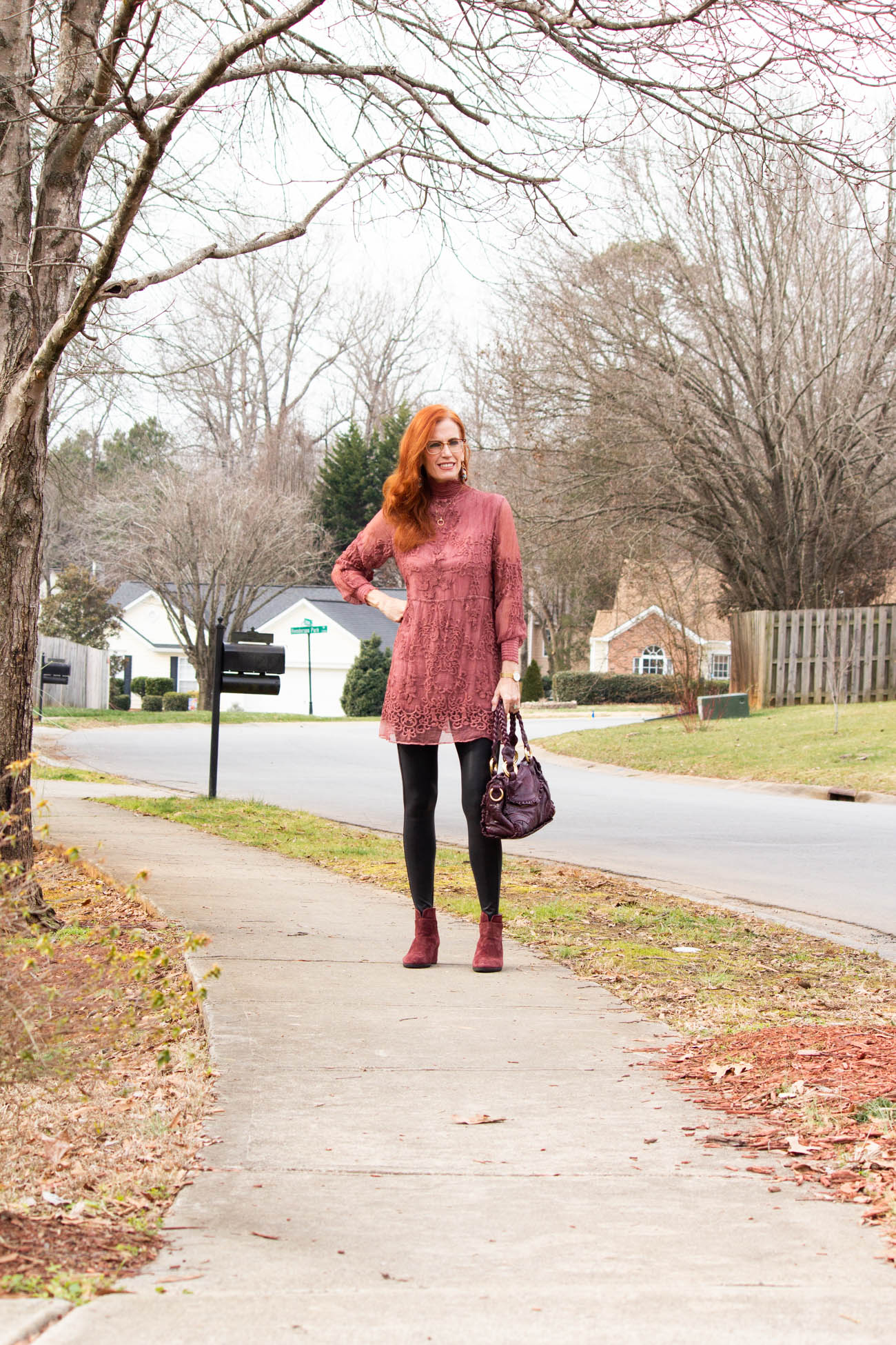 rose chiffon tunic with spanx faux leather leggings and boots