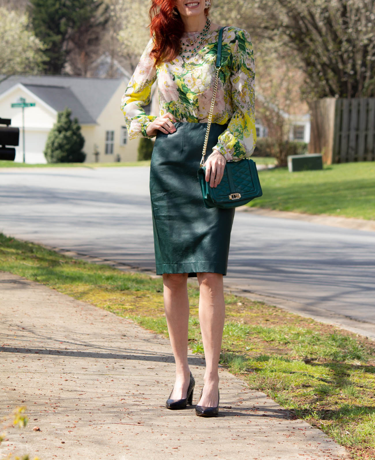 St Patty's day ourfit- green leather skirt, floral top and green bag
